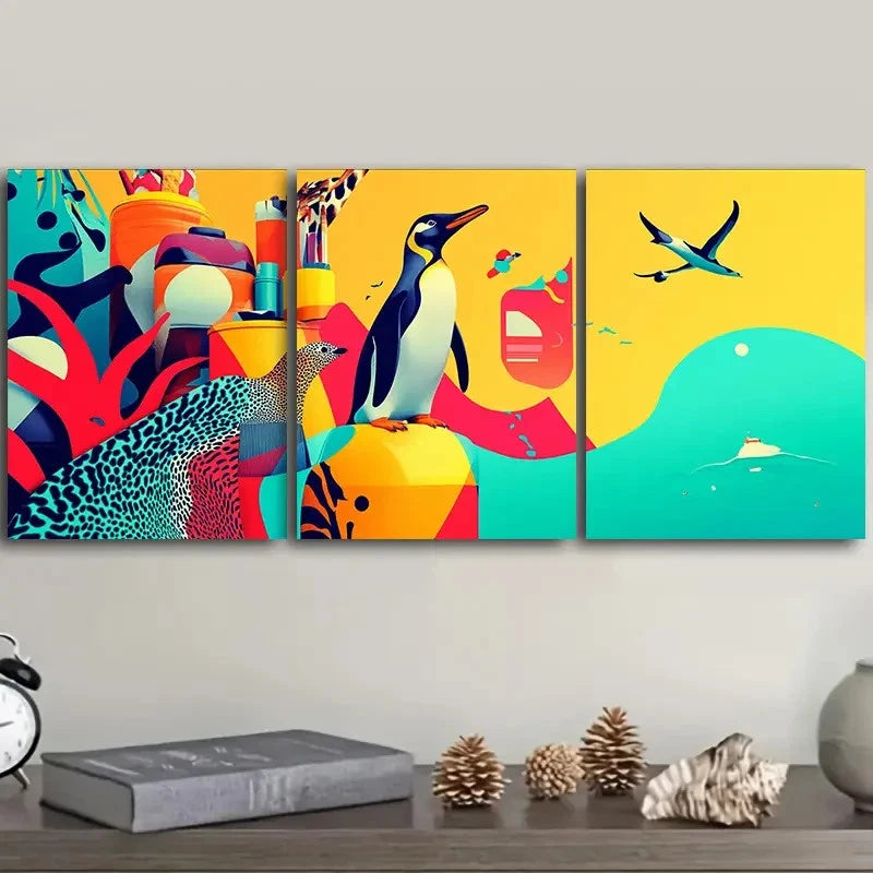 3pcs Zoo Animals vibrant, cartoonish style Art Wall Art Set Canvas Framed 40x60cm - High Quality Print 100% Australian Made Wall Canvas Ready to Hang