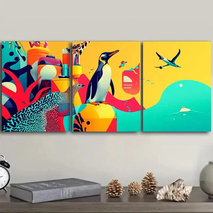 3pcs Zoo Animals vibrant, cartoonish style Art Wall Art Set Canvas Framed 40x60cm - High Quality Print 100% Australian Made Wall Canvas Ready to Hang