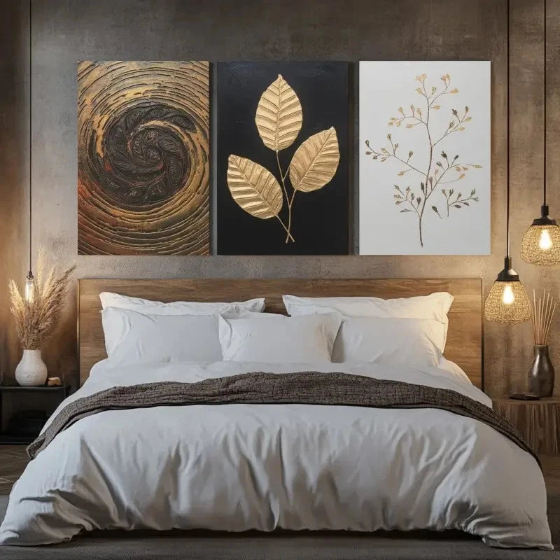3pcs A Triptych Featuring Golden Patterns Metal Print Ready to Hang Art - Bella Home Decor