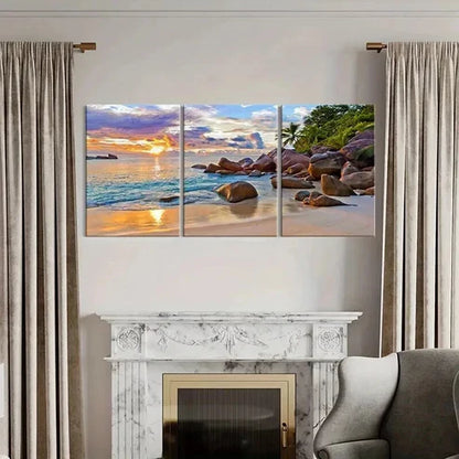 3pcs Beach Landscape with Palm Trees & Rocks Wall Art Canvas Unframed - High Quality Print 100% Australian Made Wall Canvas - Bella Home Decor