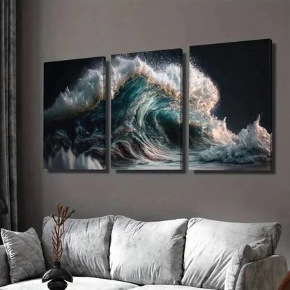 3pcs Ocean Wave Triptych Blue Sea Wall Art Set Canvas Framed 50x70cm - High Quality Print 100% Australian Made Wall Canvas Ready to Hang