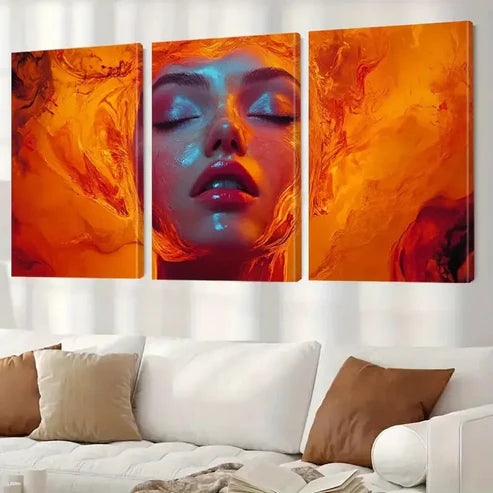 3pcs Fiery Hair Vibrant Orange & Red Abstract Art Set Canvas Unframed - High Quality Print 100% Australian Made Wall Canvas