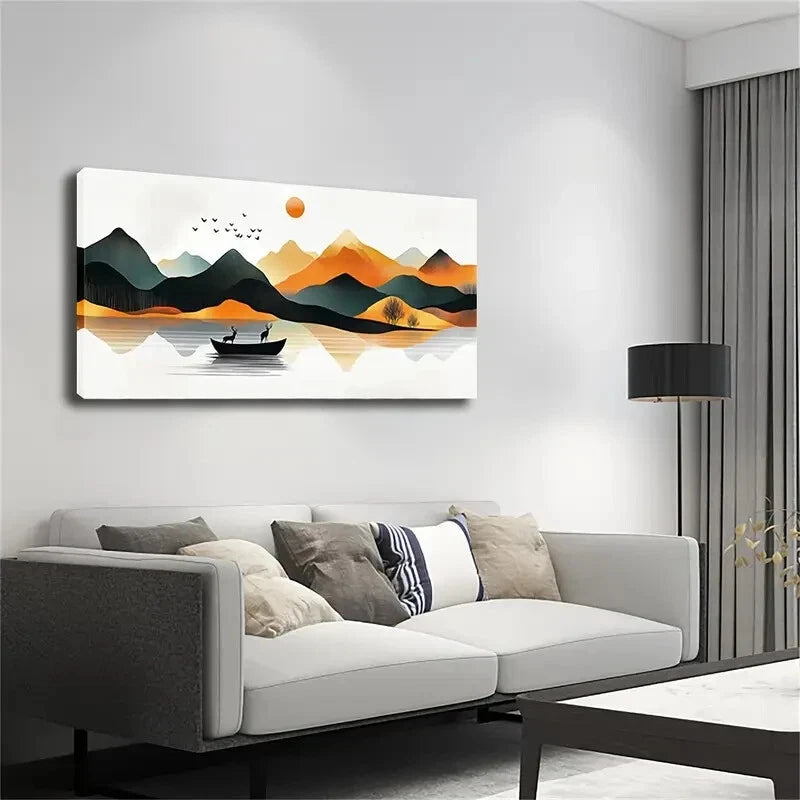 Lake Scene Boat Serene Mountain Wall Art Canvas Office Home Room Framed 120x60cm - Bella Home Decor