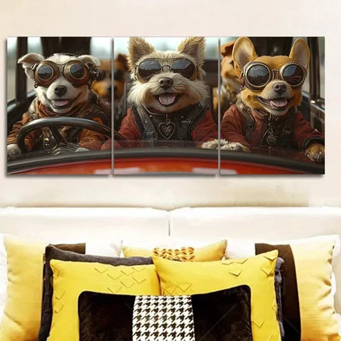 3pcs Dogs Driving A Car With Sunglasses Wall Art Set Wall Art Canvas Unframed - High Quality Print 100% Australian Made Wall Canvas - Bella Home Decor