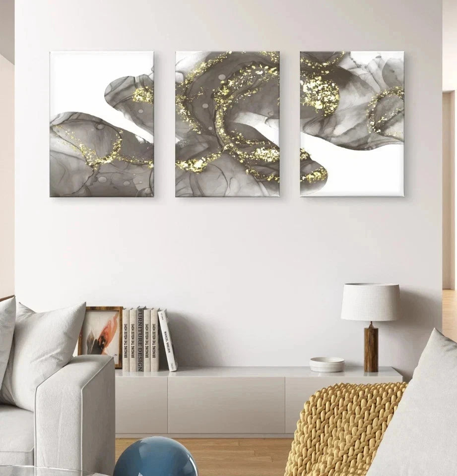 3pcs Black , Grey and Gold Fluid Marble Abstract Wall Art Set Canvas Framed 50x70cm - High Quality Print 100% Australian Made Wall Canvas Ready to Hang