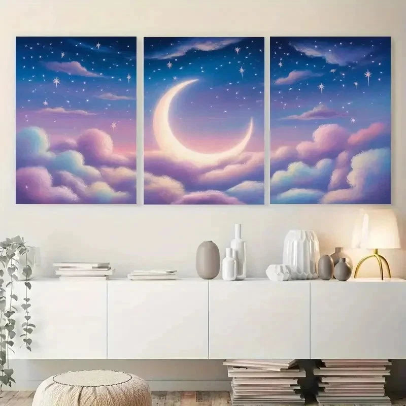 3pcs Moon, Pink Clouds, Stars Nordic Style Wall Art Set Canvas Framed 60x90cm - High Quality Print 100% Australian Made Wall Canvas Ready to Hang
