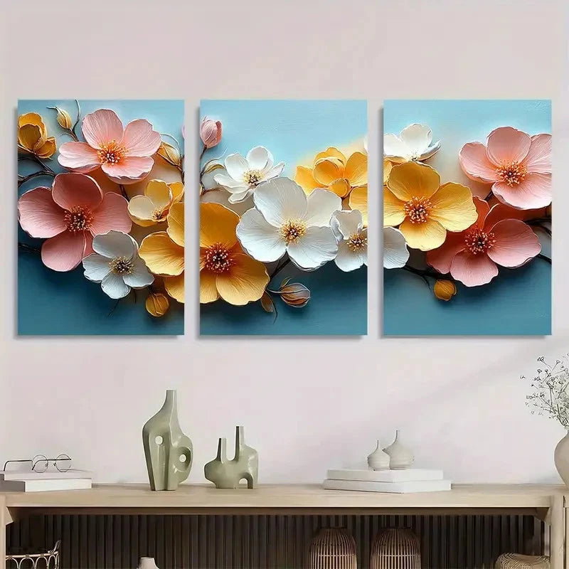 3pcs Pastel Pink Yellow White Blossoms Metal Print Ready to Hang Art - Bella Home Decor