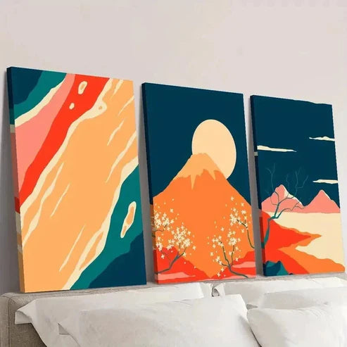 3pcs Cherry Blossom Mountain and Sun Wall Art Canvas Unframed - High Quality Print 100% Australian Made Wall Canvas - Bella Home Decor