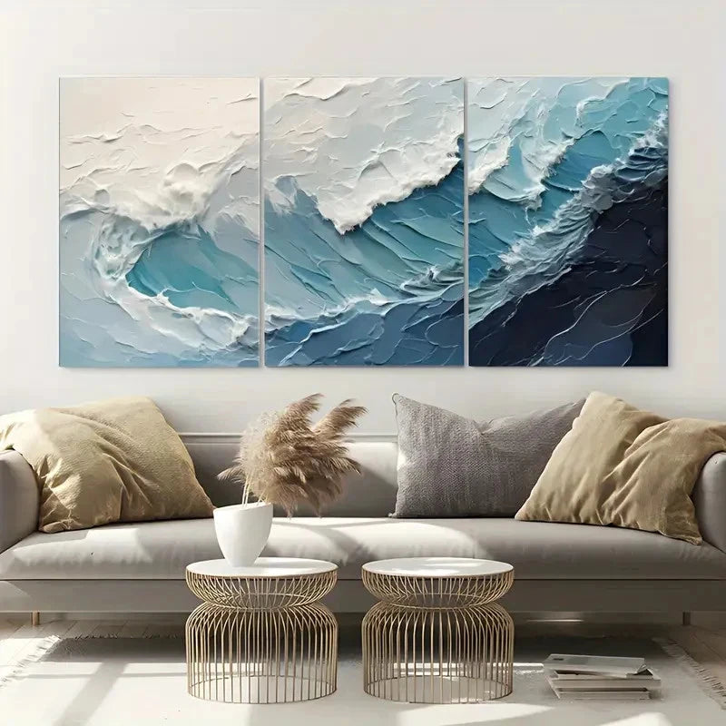 3pcs Blue Abstract Wave Ocean Metal Print Ready to Hang Art - Bella Home Decor