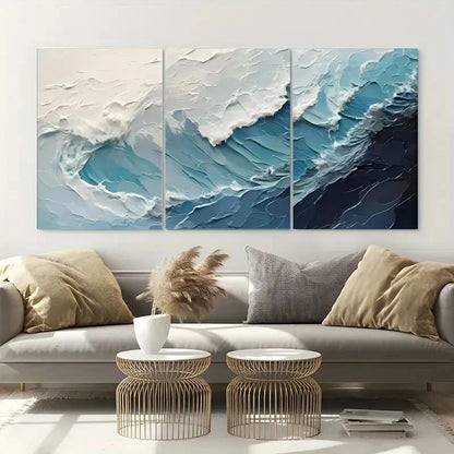 3pcs Blue Abstract Wave Ocean Metal Print Ready to Hang Art - Bella Home Decor