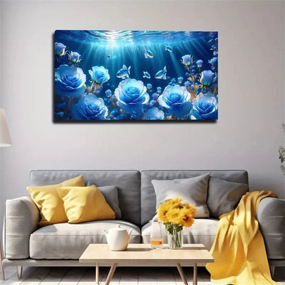 Blue Flowers And Fish Surreal Wall Art Canvas Office Home Room Framed 120x60cm