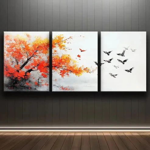 3pcs Colorful Autumn Tree and Birds Theme Wall Art Set Canvas Unframed - High Quality Print 100% Australian Made Wall Canvas - Bella Home Decor
