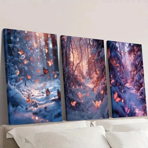 3pcs Glittering Winter Butterfly Snow Forest  Wall Art Set Canvas Unframed - High Quality Print 100% Australian Made Wall Canvas - Bella Home Decor