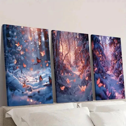 3pcs Glittering Winter Butterfly Snow Forest  Wall Art Set Canvas Unframed - High Quality Print 100% Australian Made Wall Canvas - Bella Home Decor