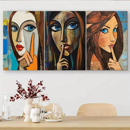 3 PCS Abstract Woman Portrait “Shh” Gesture Wall Art Set Canvas Unframed - High Quality Print 100% Australian Made Wall Canvas