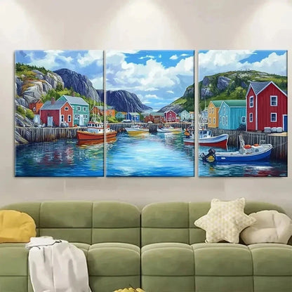 3pcs Trinity Harbor Newfoundland Fishing Perfect Wall Art Set Canvas Framed 50x70cm - High Quality Print 100% Australian Made Wall Canvas Ready to Hang