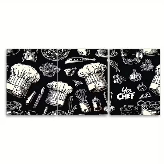 3pcs Chef Hats, Spatulas & Utensils Design Wall Art Set Canvas Framed 60x90cm - High Quality Print 100% Australian Made Wall Canvas Ready to Hang