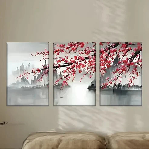 3pcs Vibrant Pink Cherry Blossom Tree Wall Art Set Canvas Unframed - High Quality Print 100% Australian Made Wall Canvas
