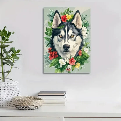 Cute Siberian Husky with Vibrant Floral Painting  40x60cm Metal Print Ready to Hang