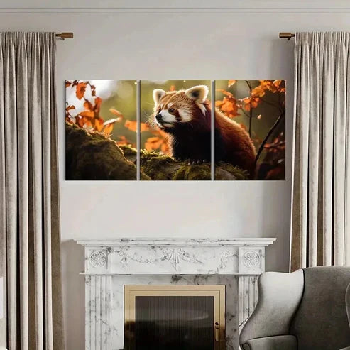 3pcs Cute Red Panda on a Red Leaved Tree Wall Art Canvas Unframed - High Quality Print 100% Australian Made Wall Canvas - Bella Home Decor