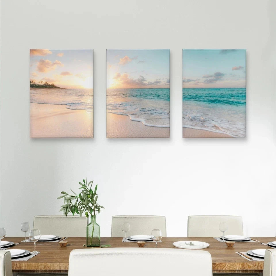3pcs Serene Beach Sunset Horizon Wall Art Set Canvas Framed 40x60cm - High Quality Print 100% Australian Made Wall Canvas Ready to Hang