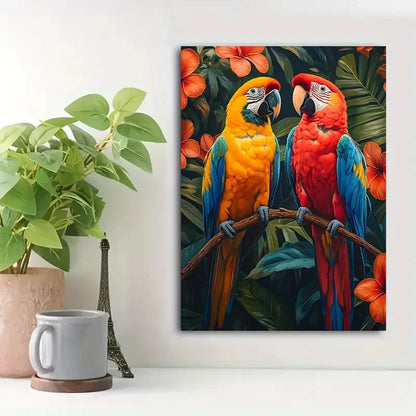 Beautiful Vibrant Macaws Tropical Flowers Painting 40x60cm Metal Print Ready to Hang