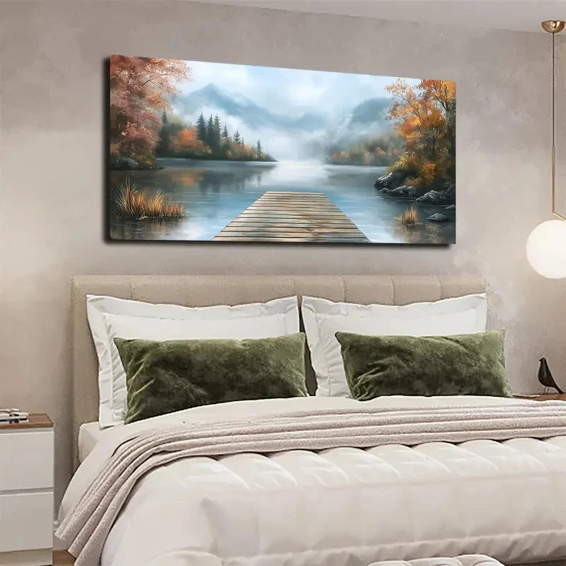 Serene Lake & Autumn Trees Wall Art canvas office home room framed 120x60cm