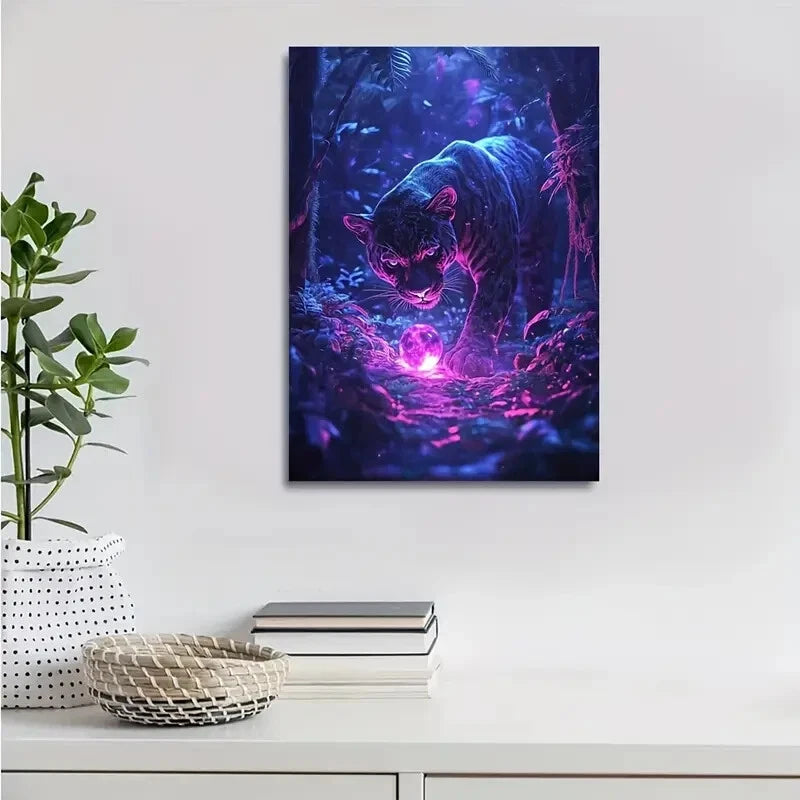 Beautiful Panther Playing with Glowing Ball Painting 40x60cm Metal Print Ready to Hang - Bella Home Decor
