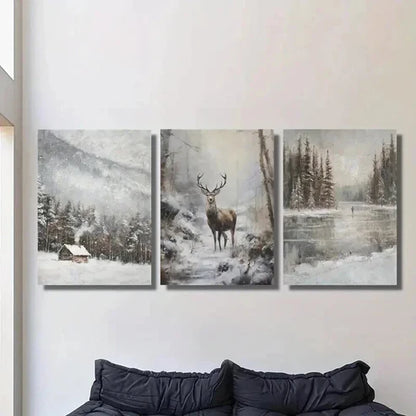 3pcs Retro Winter Landscape & Reindeer Wall Art Canvas Unframed - High Quality Print 100% Australian Made Wall Canvas