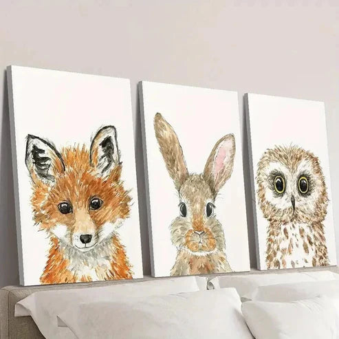 3pcs Cute Fox Rabbit & Owl on White Background Wall Art Canvas Unframed - High Quality Print 100% Australian Made Wall Canvas - Bella Home Decor