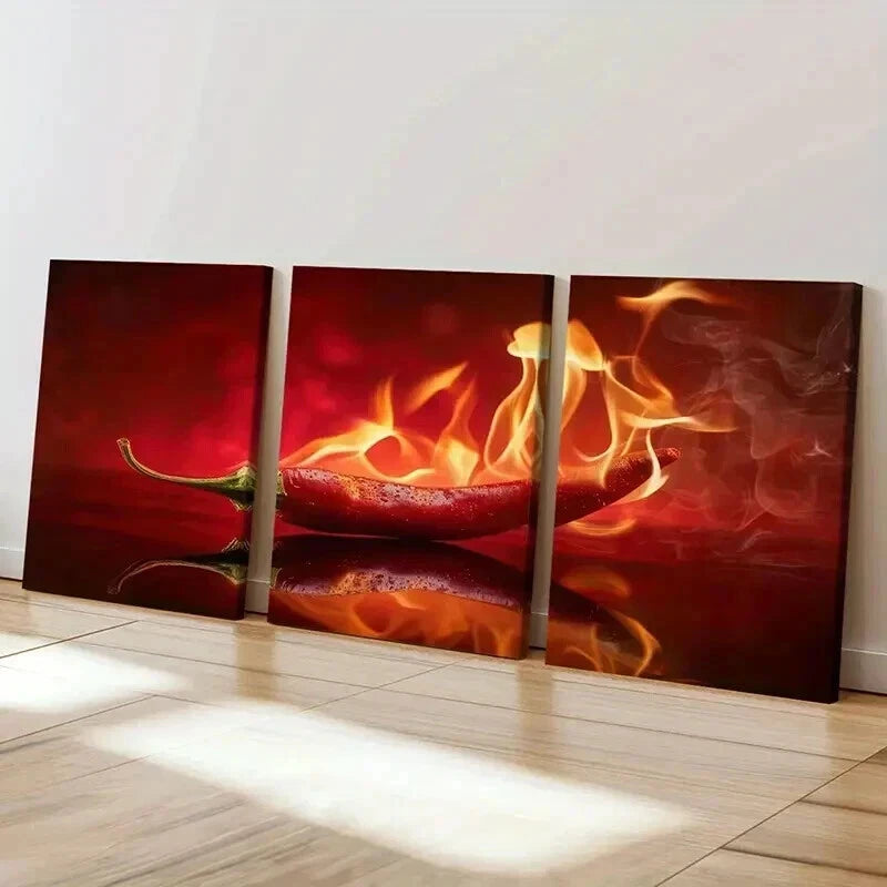 3pcs Vibrant Burning Chili Pepper Wall Art Set Canvas Framed 40x60cm - High Quality Print 100% Australian Made Wall Canvas Ready to Hang - Bella Home Decor