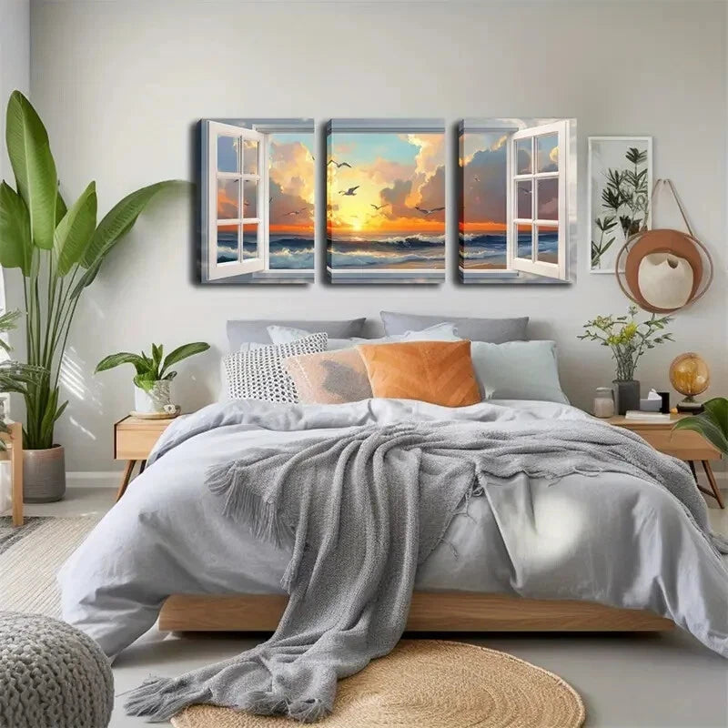 3pcs Serene Ocean & Sky Scene With Warm Perfect Wall Art Set Canvas Framed 60x90cm - High Quality Print 100% Australian Made Wall Canvas Ready to Hang - Bella Home Decor