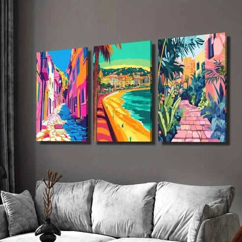 3pcs Colorful Ocean Beach City Landscape Wall Art Set Canvas Unframed - High Quality Print 100% Australian Made Wall Canvas - Bella Home Decor