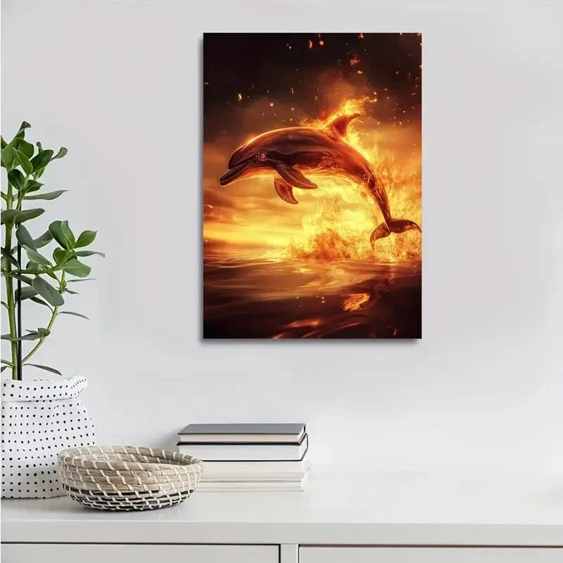 Steampunk Dolphin Sunset Scene with Glowing Painting 40x60cm Metal Print Ready to Hang - Bella Home Decor