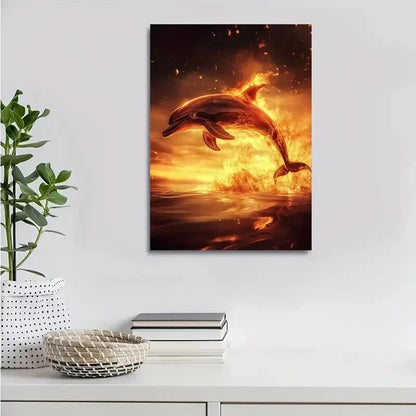 Steampunk Dolphin Sunset Scene with Glowing Painting 40x60cm Metal Print Ready to Hang - Bella Home Decor
