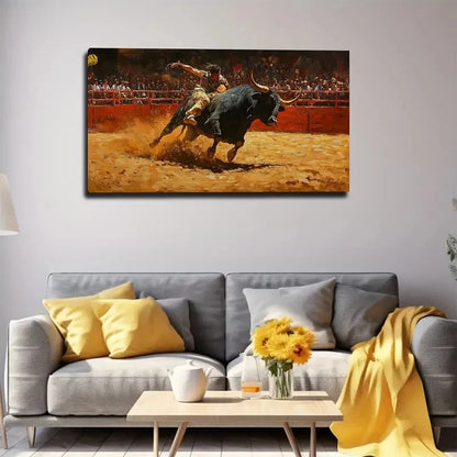 Vibrant Bullfighting Scene Wall Art Canvas Office Home Room Framed 120x60cm