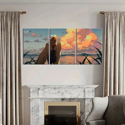 3pcs Anime Angel at Sunset Beach Scene Wall Art Set Canvas Unframed - High Quality Print 100% Australian Made Wall Canvas