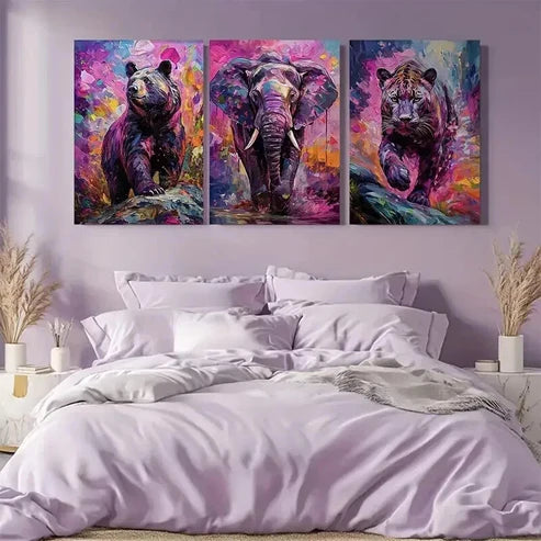 3pcs Colorful Bear Elephant And Leopard Art Set Canvas Unframed - High Quality Print 100% Australian Made Wall Canvas - Bella Home Decor