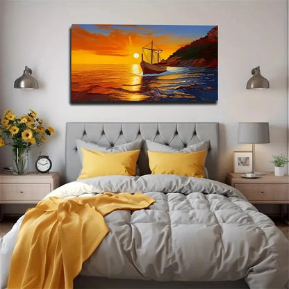 Vibrant Sunset Seascape Rustic Wall Art Canvas Office Home Room Framed 120x60cm