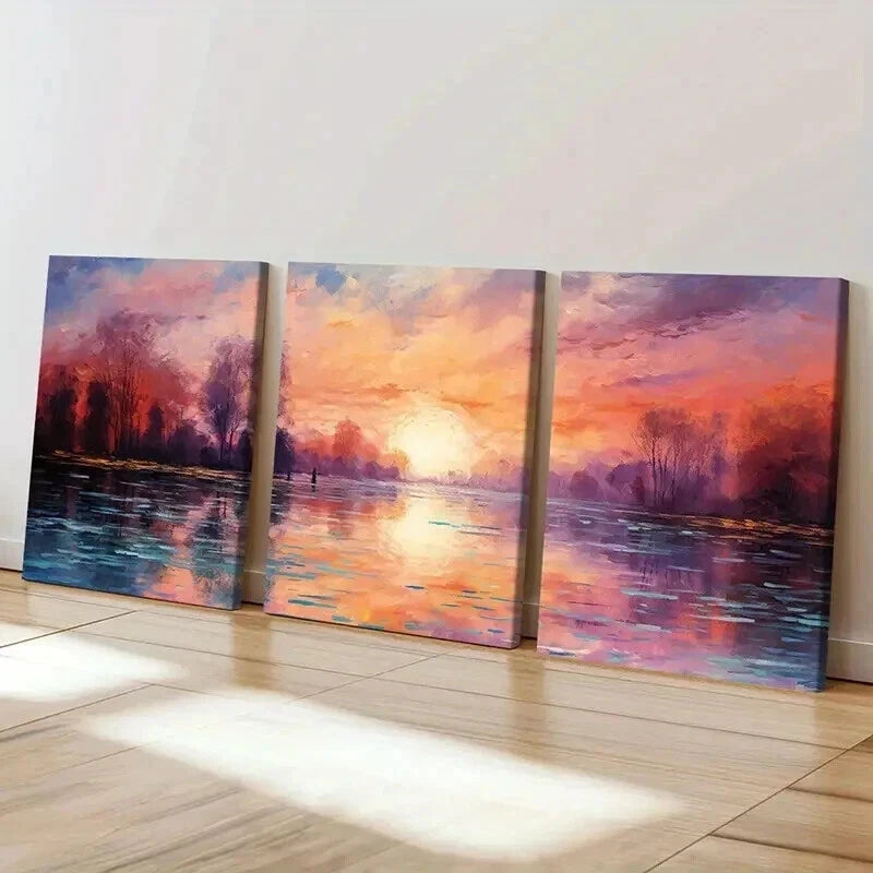3pcs Nature Sunset Forest River Retro Wall Art Set Canvas Framed 60x90cm - High Quality Print 100% Australian Made Wall Canvas Ready to Hang - Bella Home Decor