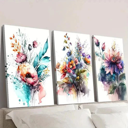 3pcs Bouquet of Watercolor Colorful Flowers Wall Art Canvas Unframed - High Quality Print 100% Australian Made Wall Canvas - Bella Home Decor