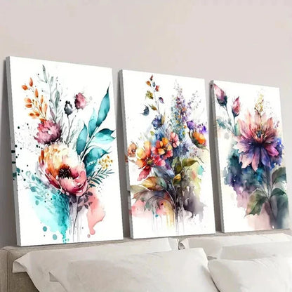3pcs Bouquet of Watercolor Colorful Flowers Wall Art Canvas Unframed - High Quality Print 100% Australian Made Wall Canvas - Bella Home Decor