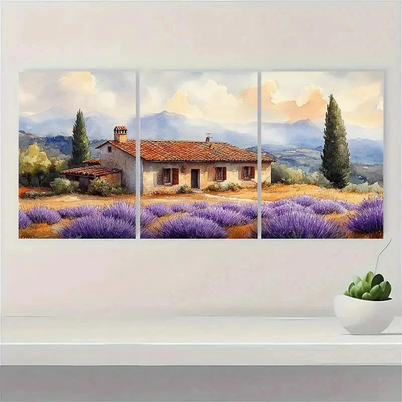 3pcs Italian Cottage Lavender Landscape Perfect Wall Art Set Canvas Framed 50x70cm - High Quality Print 100% Australian Made Wall Canvas Ready to Hang