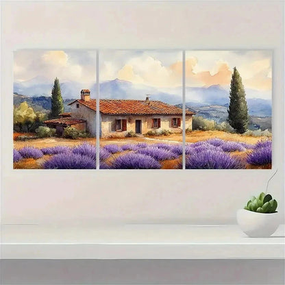 3pcs Italian Cottage Lavender Landscape Perfect Wall Art Set Canvas Framed 50x70cm - High Quality Print 100% Australian Made Wall Canvas Ready to Hang