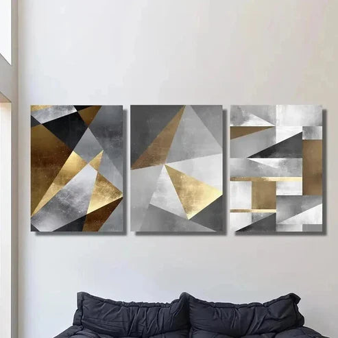 3pcs Gold Black & Gray Geometric Print Wall Art Set Canvas Unframed - High Quality Print 100% Australian Made Wall Canvas - Bella Home Decor
