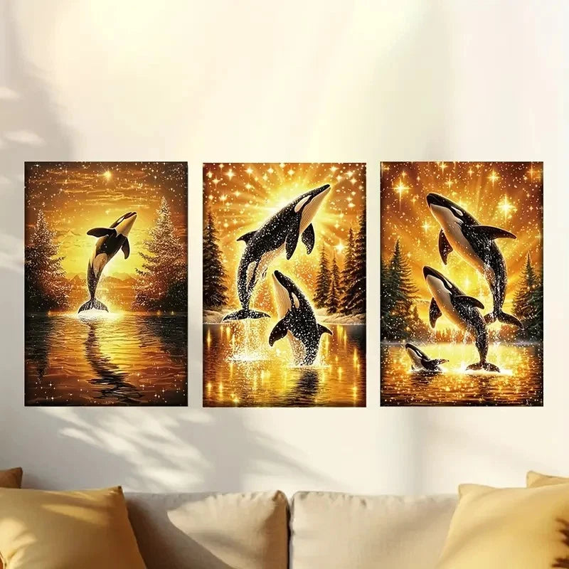 3pcs Whale Family in Golden Sunset Scene Wall Art Set Canvas Framed 60x90cm - High Quality Print 100% Australian Made Wall Canvas Ready to Hang - Bella Home Decor