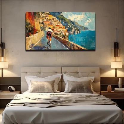 Vibrant Coastal Bike Ride Wall Art Canvas Office Home Room Framed 120x60cm