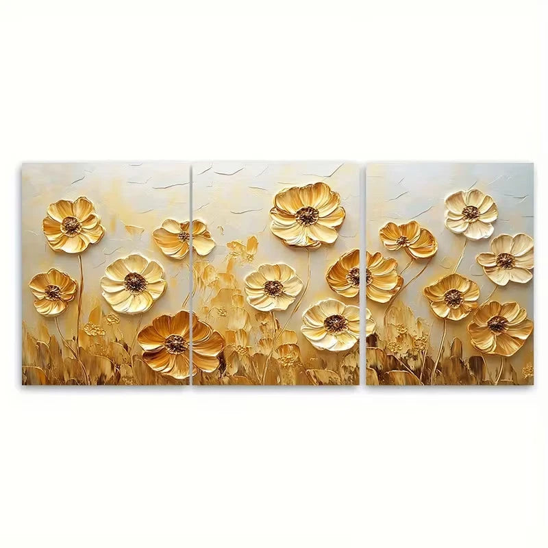 3pcs Golden Daisy Field Artwork Modern Nature Wall Art Set Canvas Framed 40x60cm - High Quality Print 100% Australian Made Wall Canvas Ready to Hang - Bella Home Decor