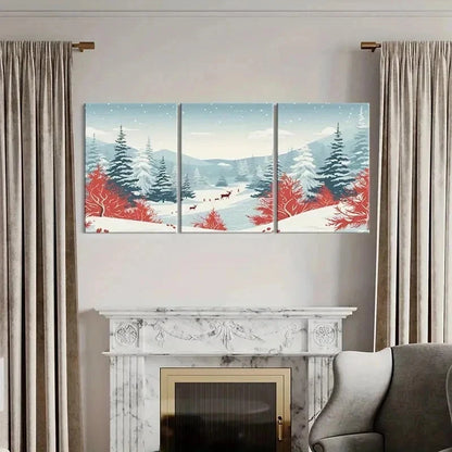 3pcs Snow Scene with Elk Modern Decor Wall Art Set Canvas Framed 60x90cm - High Quality Print 100% Australian Made Wall Canvas Ready to Hang