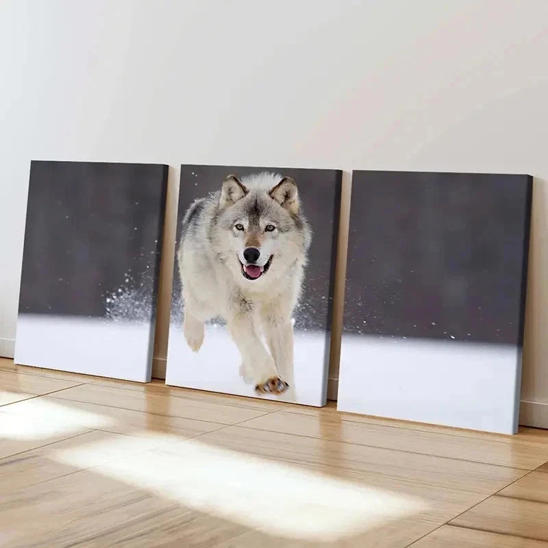 3pcs Wolf Running On The Snow Painting Wall Art Set Canvas Framed 60x90cm - High Quality Print 100% Australian Made Wall Canvas Ready to Hang